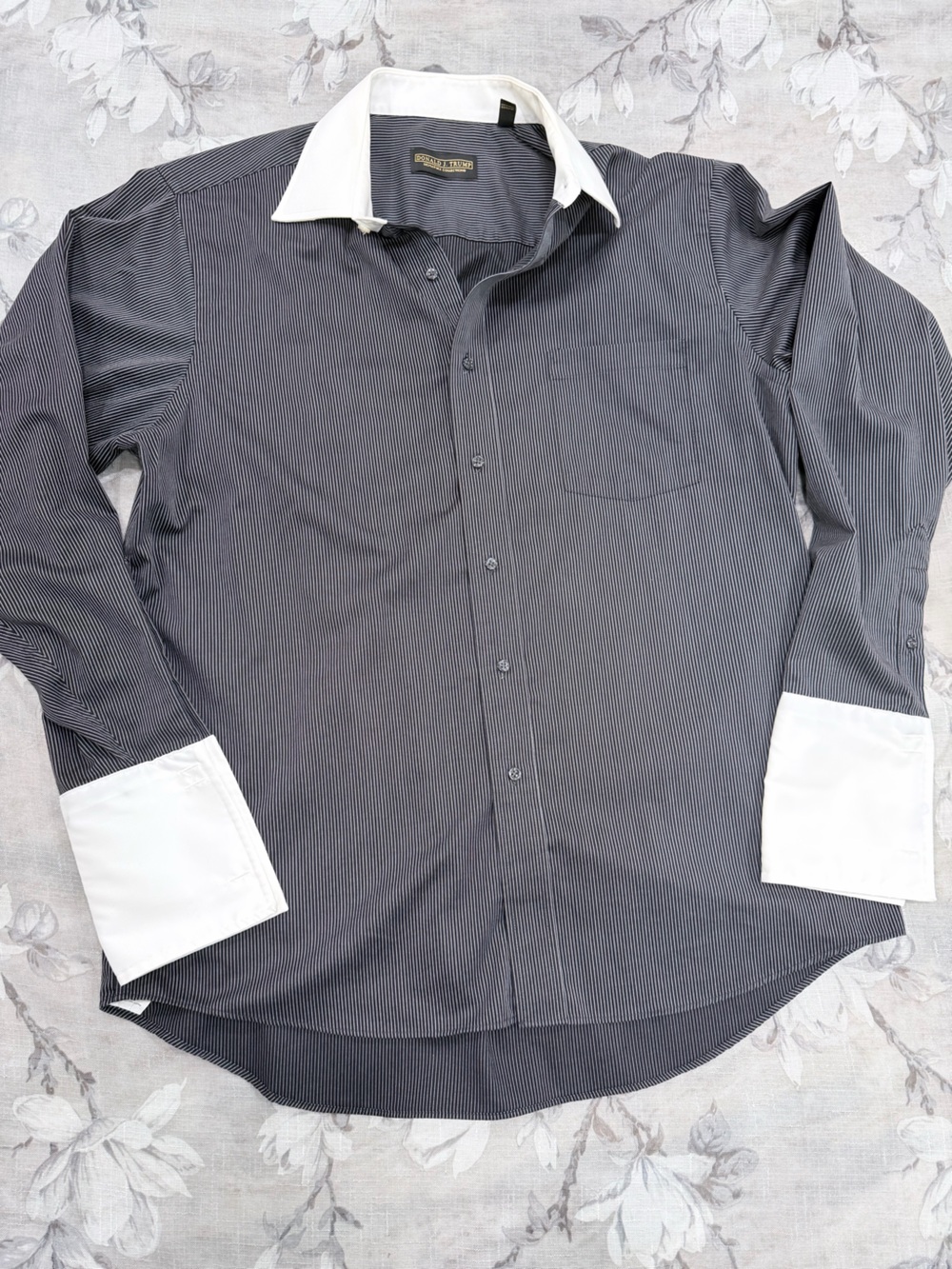 Donald J Trump Black Pinstripe White French Cuff & Collar Dress Shirt 16.5